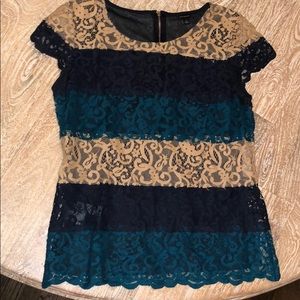 Ann Taylor lace top blue tan small business